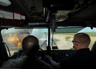 A member of the Grand Forks Fire Department controls the hose during a live fire exercise Sept. 2, 2015, on Grand Forks Air Force Base, North Dakota. The GFFD joined the Grand Forks AFB Fire Department to learn the proper techniques and tactics used to fight an aircraft fire. (U.S. Air Force photo by Airman 1st Class Ryan Sparks/Released)