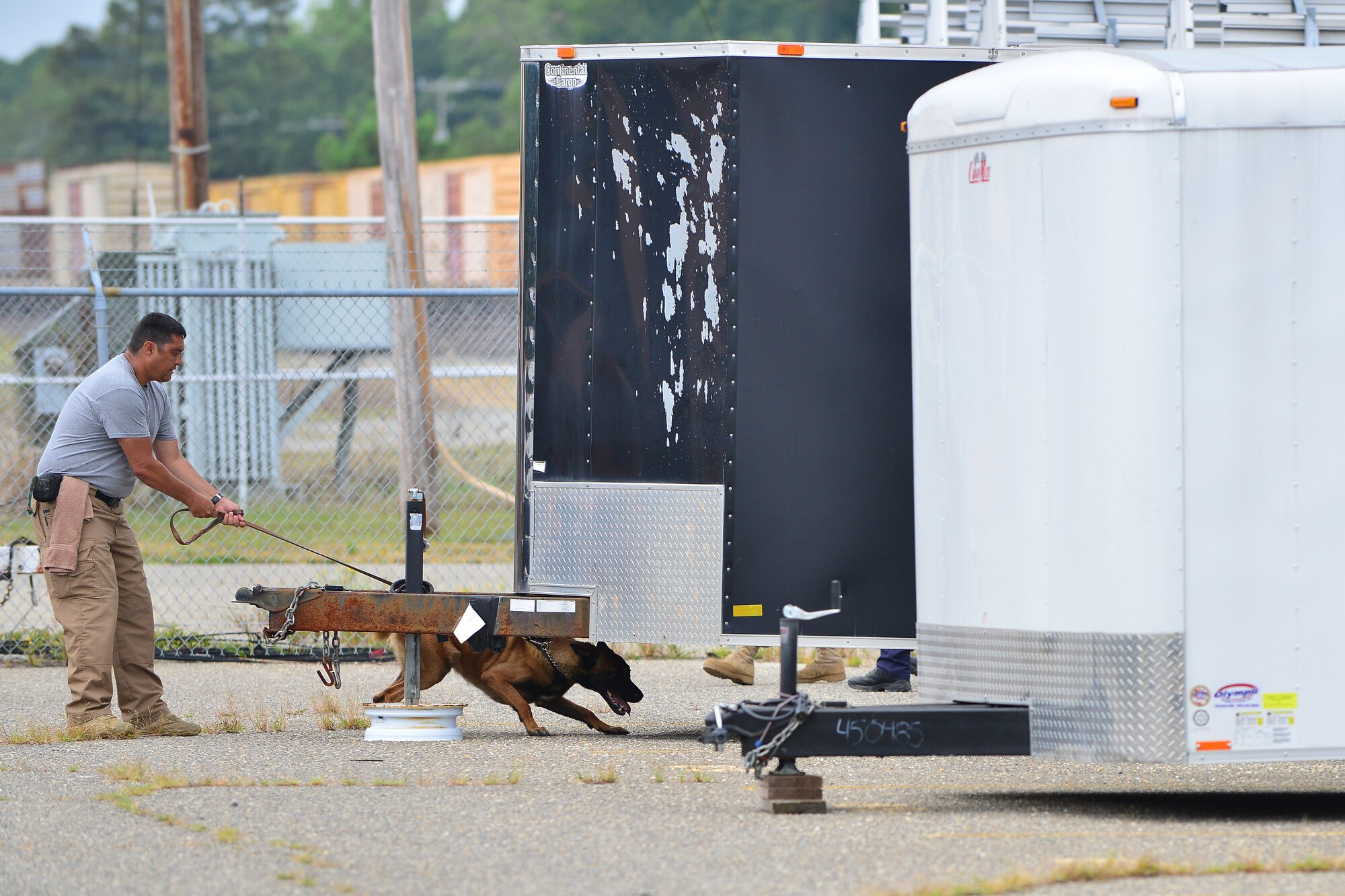 Quinton Stafford, Aegis explosives canine handler, walks Tor, explosives detection dog, through a detection course as part of a week-long explosive detection certification course at Fort Eustis, Va., Aug. 31, 2015. The 3rd Military Police Detachment hosted the course to ensure the contracted handlers and canines met military detection standards. (U.S. Air Force photo by Staff Sgt. Natasha Stannard/Released)