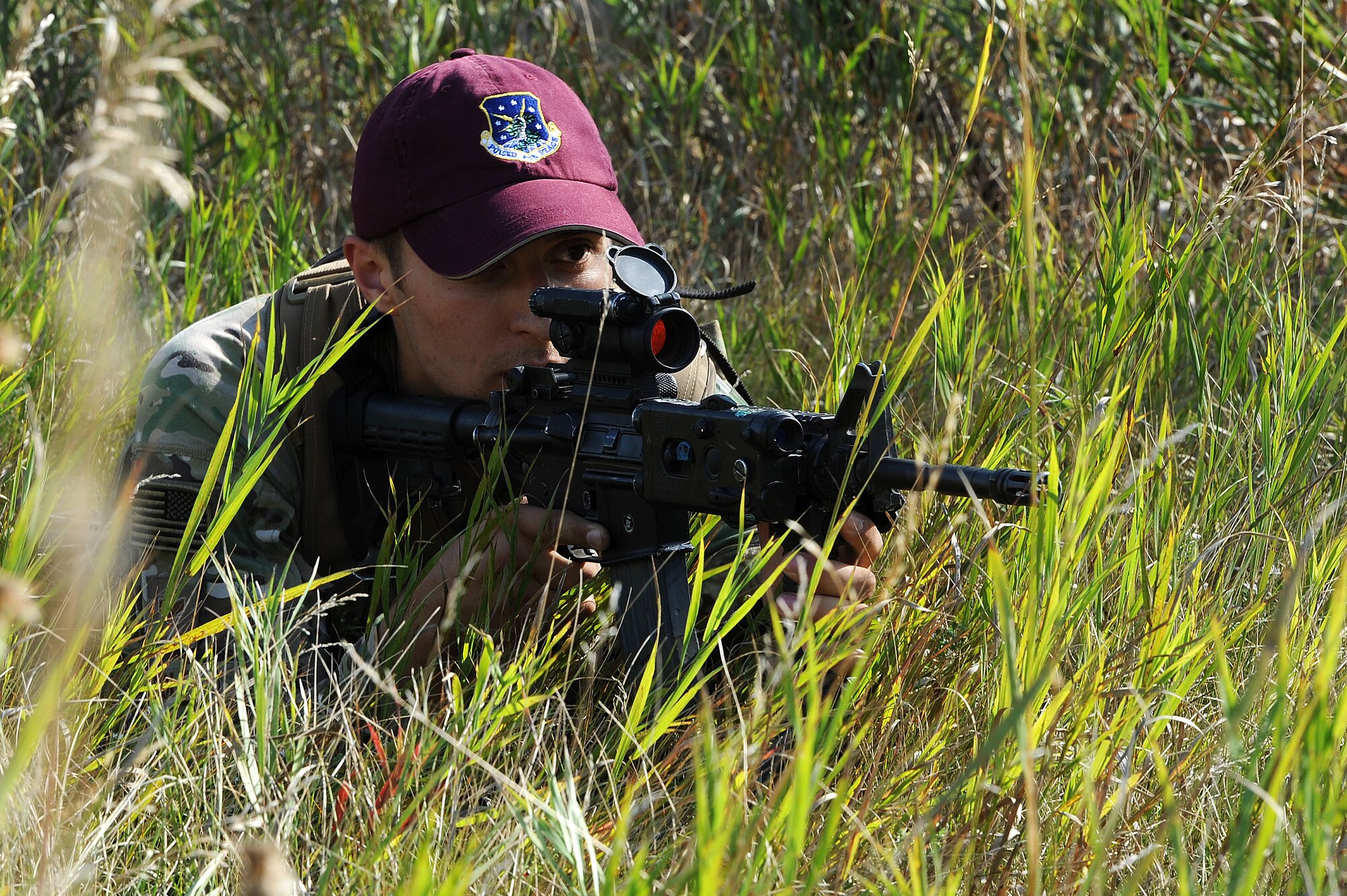 Members of the 91st Security Forces Group Global Strike Challenge team walk in a formation during tactical training at Minot Air Force Base, N.D., Sept. 2, 2015. To train for the GSC, the team has been doing physical and mental training every day, as well as working on their tactics and teamwork. (U.S. Air Force photo / Senior Airman Kristoffer Kaubisch)