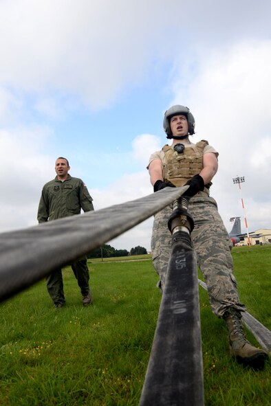 U.S. Air Force 2d Lt. David Miller, 100th Logistics Readiness Squadron Fuels Management flight commander, participates in tryouts for the Forward Area Refueling Point team Sept. 3, 2015, on RAF Mildenhall, England. As their commander, Miller isn’t authorized to be on the FARP team, but tried out to ensure he could accomplish what he expects from his Airmen. (U.S. Air Force photo by Senior Airman Kate Thornton/Released)