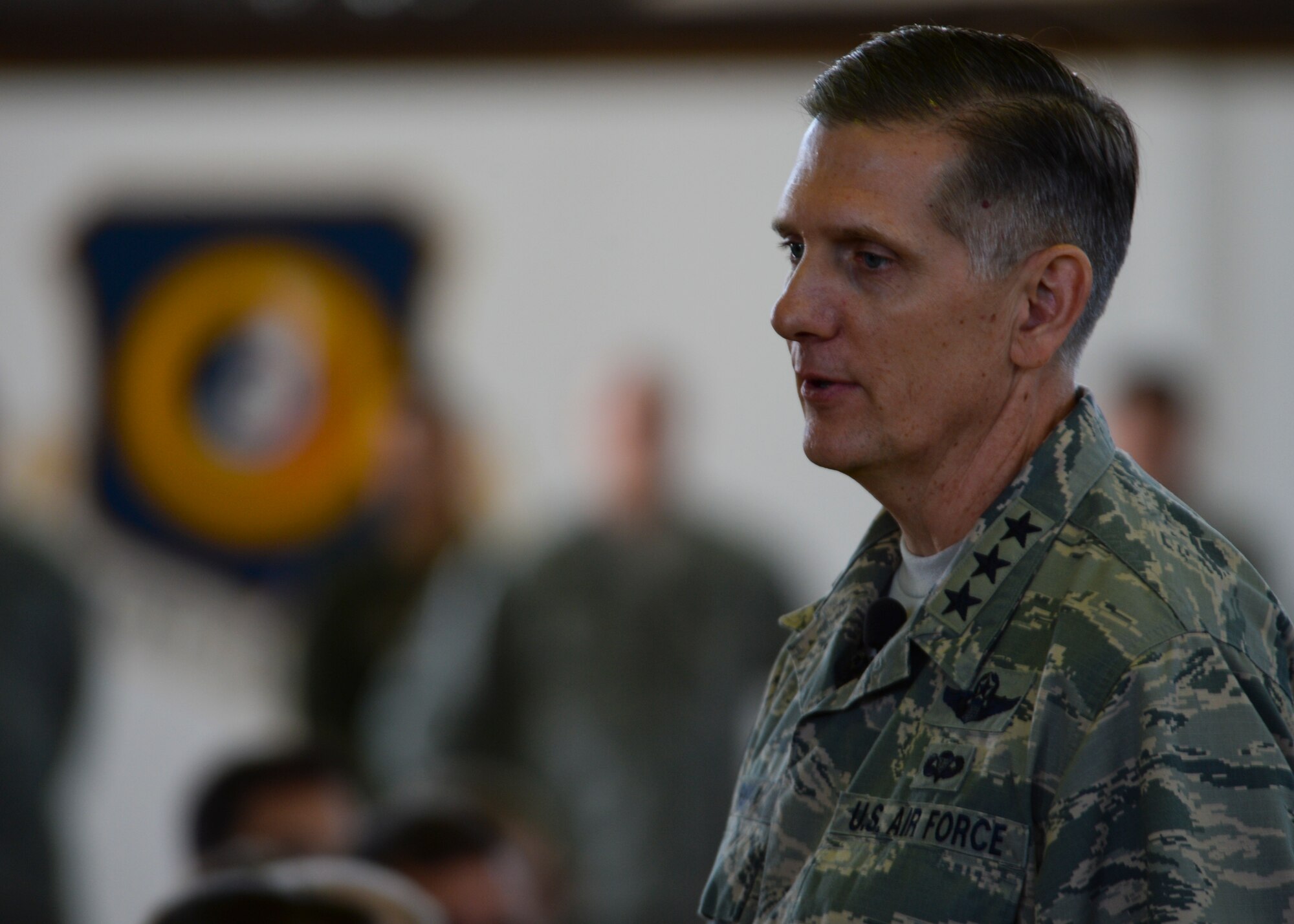 U.S. Air Force Lt. Gen. Timothy Ray, 3rd Air Force and 17th Expeditionary Air Force commander speaks to Airmen during an all-call at Hangar One at Spangdahlem Air Base, Germany, Sept. 3, 2015. General Ray oversees a headquarters staff, the 603rd Air Operations Center as well as Airmen located at 10 wings in Europe and one air expeditionary wing. (U.S. Air Force photo by Staff Sgt. Joe W. McFadden/Released)
