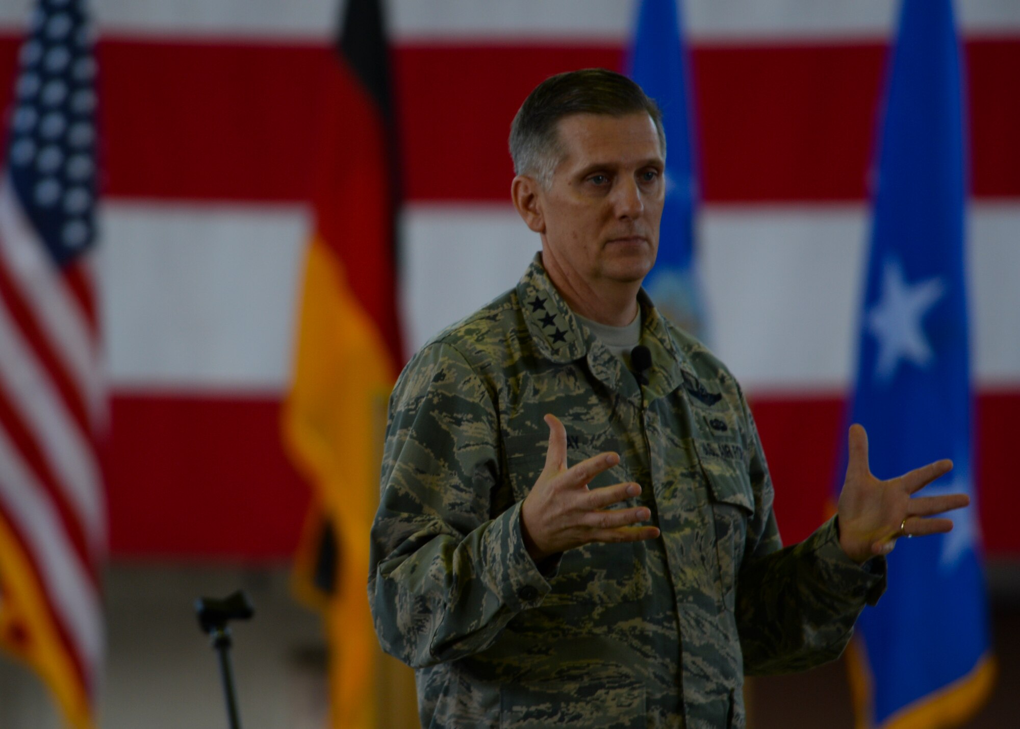 U.S. Air Force Lt. Gen. Timothy Ray, 3rd Air Force and 17th Expeditionary Air Force commander speaks to Airmen during an all-call at Hangar One at Spangdahlem Air Base, Germany, Sept. 3, 2015. The event marked the general's first visit to Spangdahlem as 3rd AF and 17th EAF commander. (U.S. Air Force photo by Staff Sgt. Joe W. McFadden/Released)
