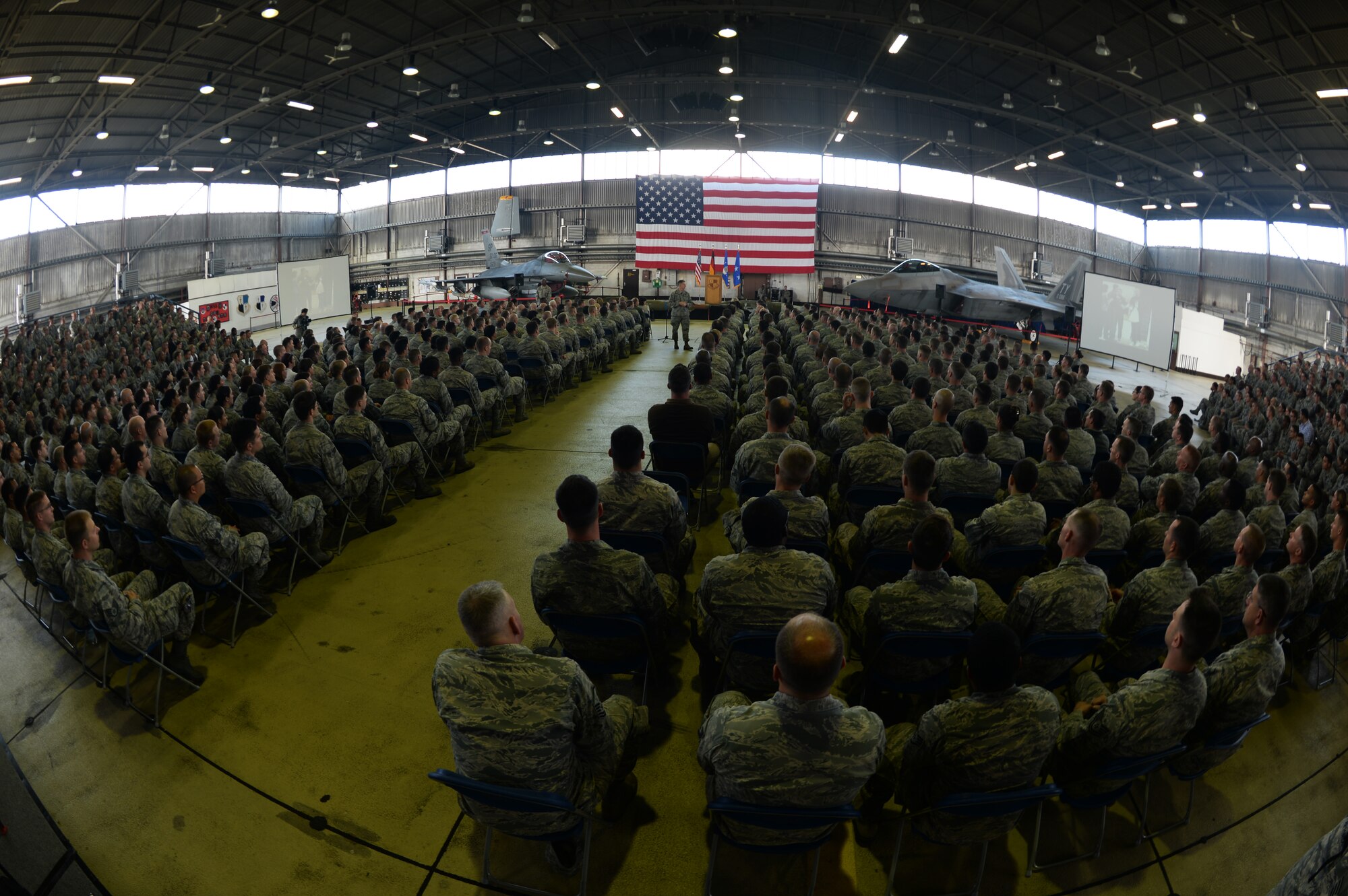 U.S. Air Force Lt. Gen. Timothy Ray, 3rd Air Force and 17th Expeditionary Air Force commander, center, speaks to Airmen during an all-call at Hangar One at Spangdahlem Air Base, Germany, Sept. 3, 2015. Third AF is U.S. Air Forces in Europe’s and 17th EAF is Air Forces Africa’s numbered air force for U.S. European Command and U.S. Africa Command. Third AF and 17th EAF plans, deploys, sustains and redeploys Air Force forces that directly support the combatant commanders during contingency and wartime operations.  (U.S. Air Force photo by Staff Sgt. Joe W. McFadden/Released)