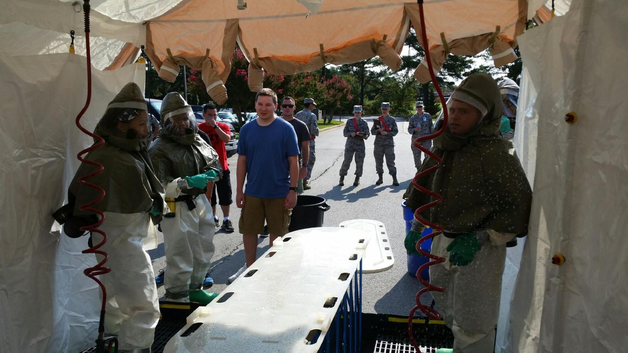 Team Little Rock members tested the base's Antiterrorism response Aug. 26, 2015. The base exercised progression through FPCON levels, Shelter In Place Procedures, and Patient Decontamination at the 19th Medical Group. (Courtesy photo) 
