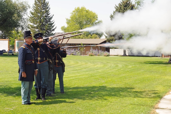 Historic period actors demonstrate weapons used during the Utah War during a presentation for Utah Army and Air National Guard members at Camp Floyd State Park, at the Adjutant General's Staff Ride on Aug. 22, 2015. (U.S. Air National Guard photo by Staff Sgt. Annie Edwards/Released)