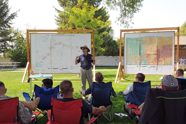 Historian Richard Turley addresses Utah Army and Air National Guard members at Camp Floyd State Park, during the Adjutant General's Staff Ride on Aug. 22, 2015. (U.S. Air National Guard photo by Staff Sgt. Annie Edwards/Released)