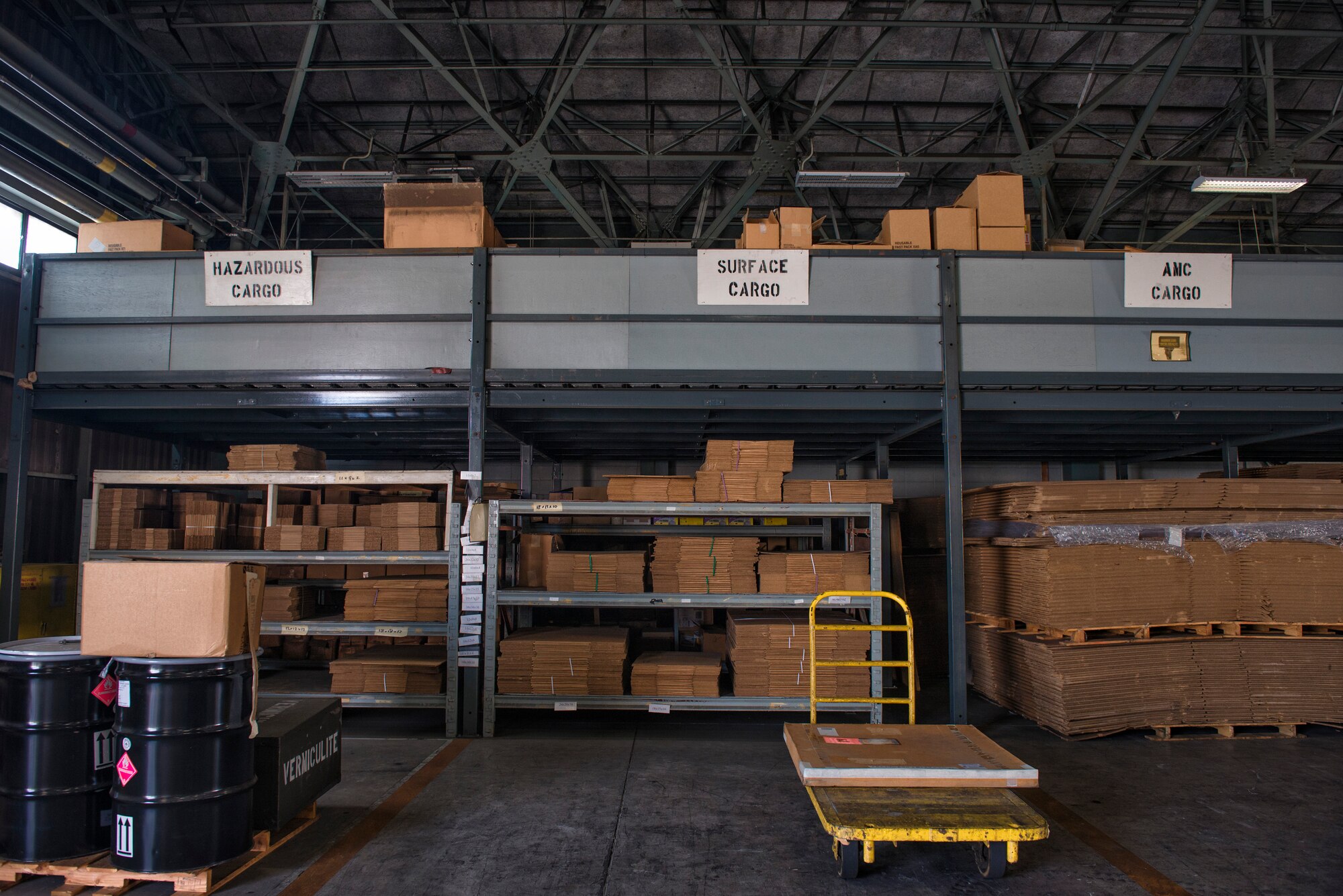 An array of cardboard lay on shelves at Yokota Air Base, Japan, Sept. 2, 2015. Airmen of the 374th Logistics Readiness Squadron Traffic Management Office’s outbound cargo section ensure that cargo makes it to its destination safely and efficiently. (U.S. Air Force photo by Airman 1st Class Delano Scott/Released)