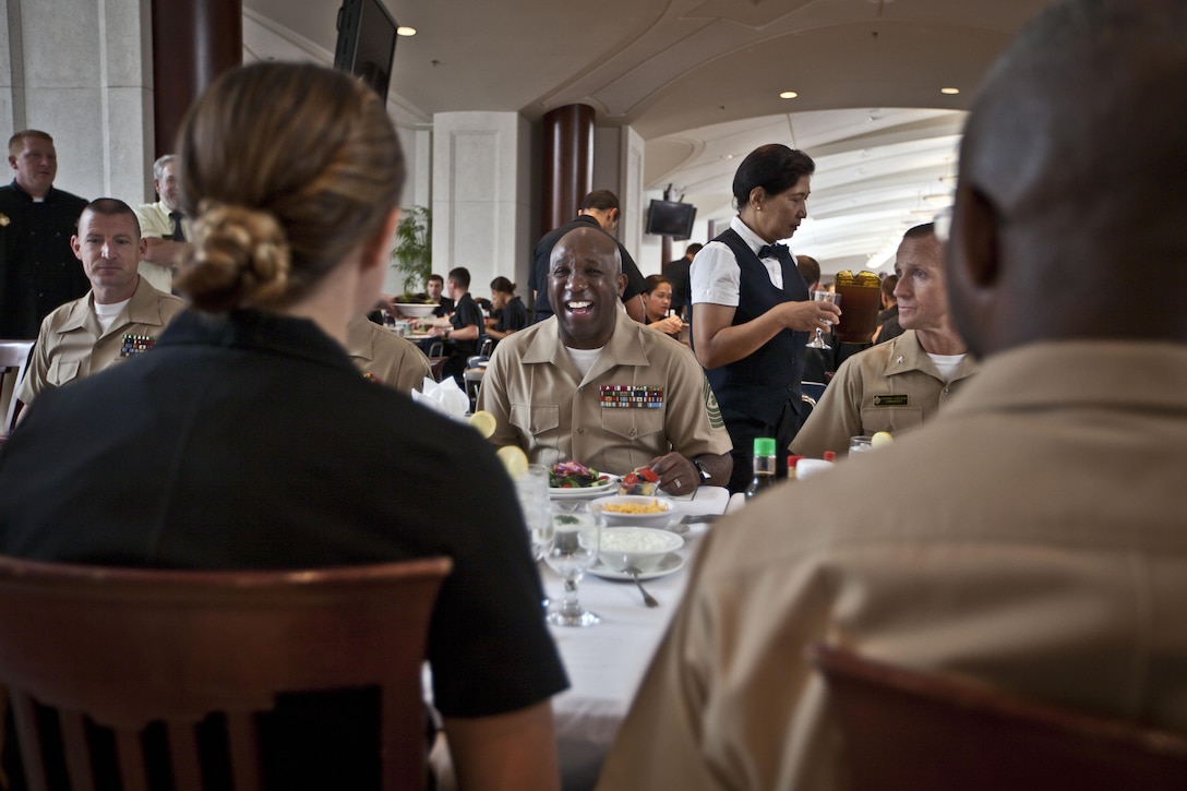 The 18th Sergeant Major of the Marine Corps, Ronald L. Green, meets Marines, Sailors, and students assigned to the United States Naval Academy, Annapolis, MD September 3, 2015. (U.S. Marine Corps photo by Sgt. Melissa Marnell, Office of the 18th Sergeant Major of the Marine Corps/Released)