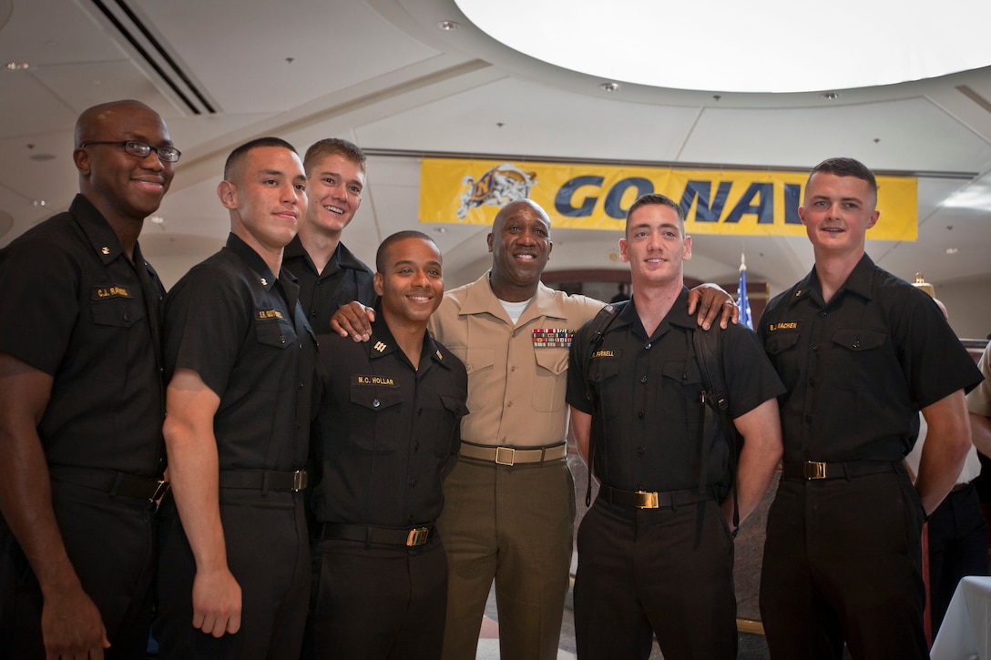 The 18th Sergeant Major of the Marine Corps, Ronald L. Green, meets Marines, Sailors, and students assigned to the United States Naval Academy, Annapolis, MD, September 3, 2015. (U.S. Marine Corps photo by Sgt. Melissa Marnell, Office of the 18th Sergeant Major of the Marine Corps/Released)