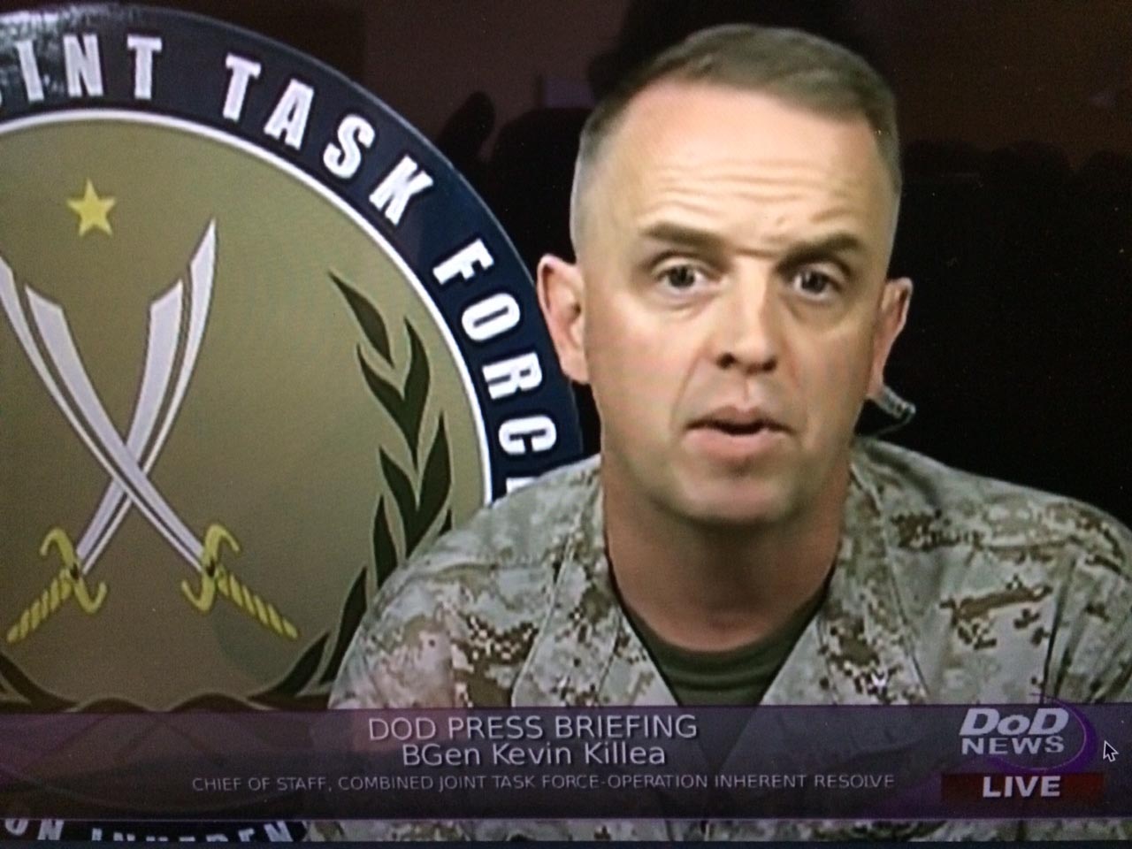 Marine Corps Brig. Gen. Kevin J. Killea, chief of staff of Combined Joint Task Force-Operation Inherent Resolve, briefed Pentagon reporters live via video teleconference from Southwest Asia, Sept. 4, 2015, on the subject of anti-ISIL operations in Iraq. DoD screen shot by Cheryl Pellerin