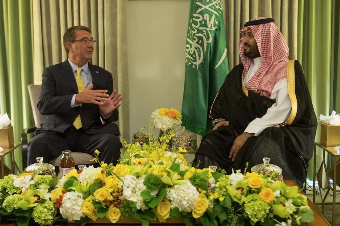 U.S. Defense Secretary Ash Carter meets with Saudi Deputy Crown Prince and Defense Minister Prince Mohammed bin Salman in Washington, D.C., Sept. 4, 2015. The two defense leaders met to discuss matters of mutual importance. DoD photo by U.S. Air Force Senior Master Sgt. Adrian Cadiz