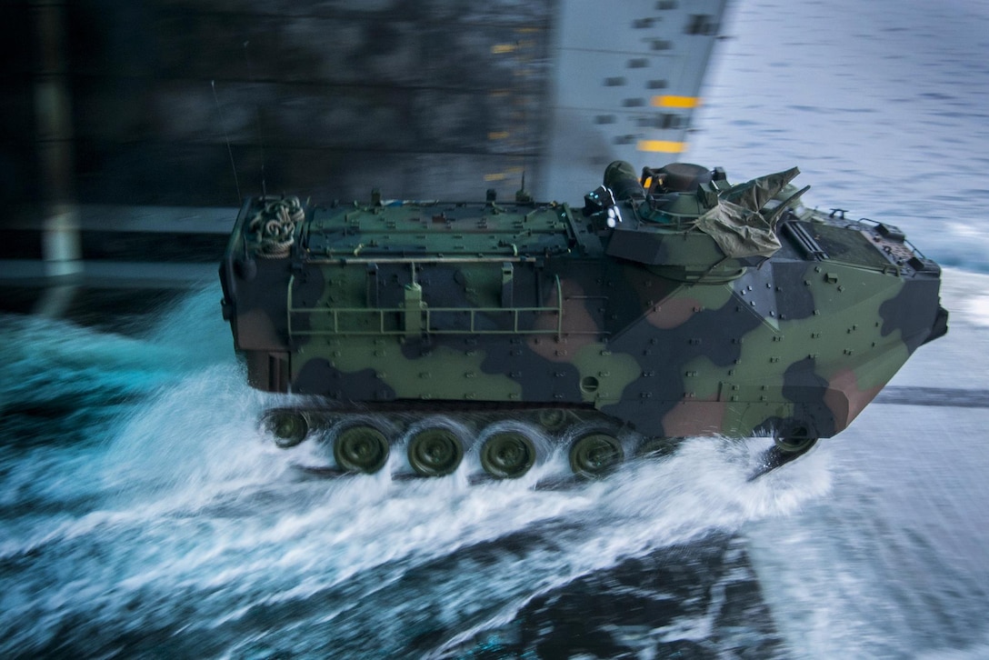 An amphibious assault vehicle prepares to exit the well deck during a ship-to-shore exercise aboard amphibious transport dock ship USS Somerset in the Pacific Ocean, Sept. 3, 2015. The ship is participating in Dawn Blitz 2015, a training exercise to build U.S., Japanese, Mexican and New Zealand amphibious and command and control capabilities. U.S. Navy photo by Petty Officer 1st Class Vladimir Ramos