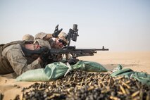 KUWAIT (Aug. 26, 2015) U.S. Marine Lance Cpl. Joshua Cuevas, right, reloads Lance Cpl. Jesse Haynes’ M240B machine gun during a marksmanship qualification course of fire exercise. Cuevas and Haynes are both machine gunners with Kilo Company, Battalion Landing Team 3rd Battalion, 1st Marine Regiment, 15th Marine Expeditionary Unit. During the course of fire Marines had to accurately engage targets at various distances, with limited ammunition. Elements of the 15th MEU are ashore in Kuwait for sustainment training to maintain and enhance the skills they developed during their pre-deployment training period. The 15th MEU is embarked with the Essex Amphibious Ready Group and deployed to maintain regional security in the U.S. 5th Fleet area of operations. (U.S. Marine Corps photo by Sgt. Emmanuel Ramos/Released)
