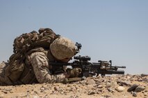 KUWAIT (Aug. 24, 2015) U.S. Marine Cpl. Matthew Kobylarz engages targets during mechanized squad attack training. Kobylarz is an assault team leader with Kilo Company, Battalion Landing Team 3rd Battalion, 1st Marine Regiment, 15th Marine Expeditionary Unit (MEU). The training focused on the squad’s ability to effectively utilize AAV-7 Amphibious Assault Vehicles and M1A1 Abrams tanks to close with and destroy enemy targets. Elements of the 15th MEU are ashore in Kuwait for sustainment training to maintain and enhance the skills they developed during their pre-deployment training period.  The 15th MEU is embarked with the Essex Amphibious Ready Group and deployed to maintain regional security in the U.S. 5th Fleet area of operations. (U.S. Marine Corps photo by Sgt. Emmanuel Ramos/Released)