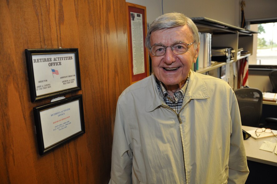 After 25 years working as a volunteer in the 914th Airlift Wing Retirees Office, Lt. Col. (USAF Ret.) John A. Caruso spends his last working day at the Niagara Falls Air Reserve Station, N.Y., September 3, 2015 enjoying the company of friends and family.  Prior to his 25 years of dedicated service to the 914 AW in the Retirees Office, Lt. Col. Caruso served an impressive 29 and a half years in the Air Force as a B-29 navigator.  He is a veteran of both WWII and Korea.  (U.S. Air Force photo by Master Sgt. Kevin Nichols)