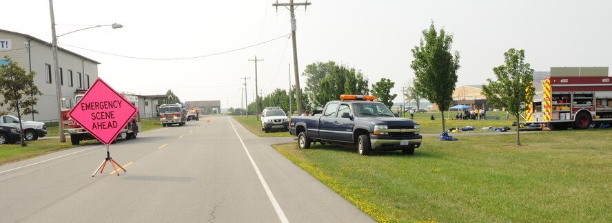 A sign alerts vehicle traffic during a hazardous material and confined space exercise at the Niagara Falls Air Reserve Station on Sept. 3, 2015. The exercise showcased the capabilities and preparedness of the base’s fire department. (U.S. Air Force photo by Staff Sgt. Matthew Burke)