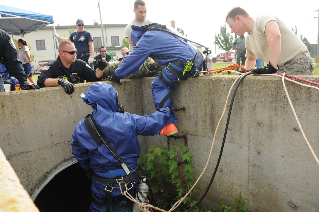 Members of the 914th Mission Support Group Fire Emergency Services prepare to enter a drain pipe during a hazardous material and confined space exercise at the Niagara Falls Air Reserve Station on Sept. 3, 2015. The exercise showcased the capabilities and preparedness of the base’s fire department. (U.S. Air Force photo by Staff Sgt. Matthew Burke)