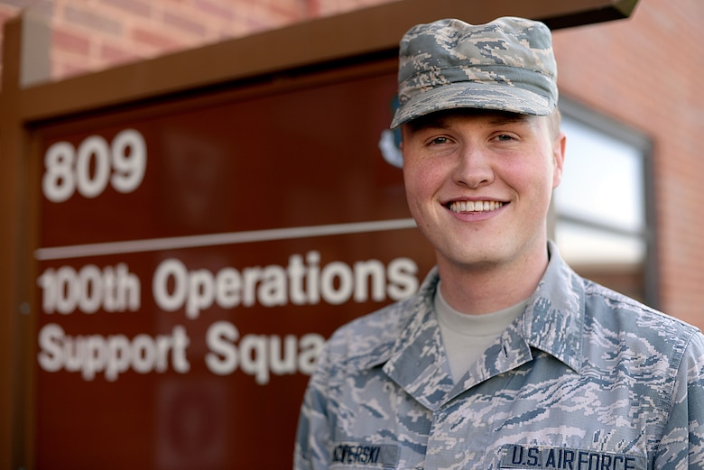 U.S. Air Force Airman 1st Class Wojciech Jazwierski, 100th Operations Group current intelligence analyst poses for a photo Aug. 28, 2015, on RAF Mildenhall, England. Jazwierski was selected for the Square D Spotlight for portraying the core value of Service Before Self. (U.S. Air Force photo by Senior Airman Christine Halan/Released)
