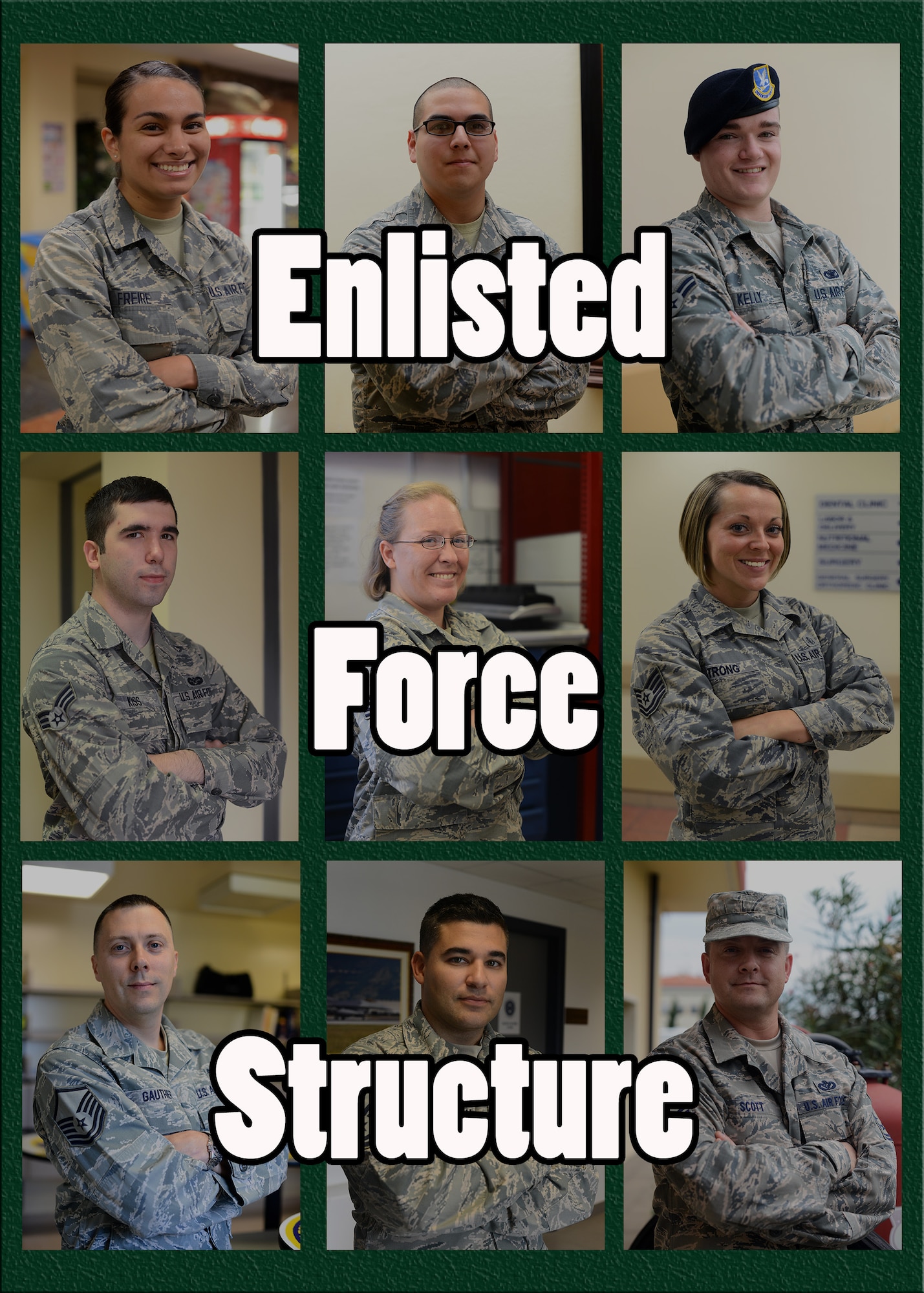 As enlisted personnel, Airmen of all ranks are charged to uphold professional standards and successfully accomplish their duties. Air Force Instruction 39-2618 defines the enlisted force structure and establishes leadership roles and responsibilities as Airmen climb the enlisted ladder. Regardless of Air Force Specialty Code, being an Airman and knowing what is expected of every rank will set Airmen up for success. (U.S. Air Force graphic by Airman 1st Class Deana Heitzman/Released)   