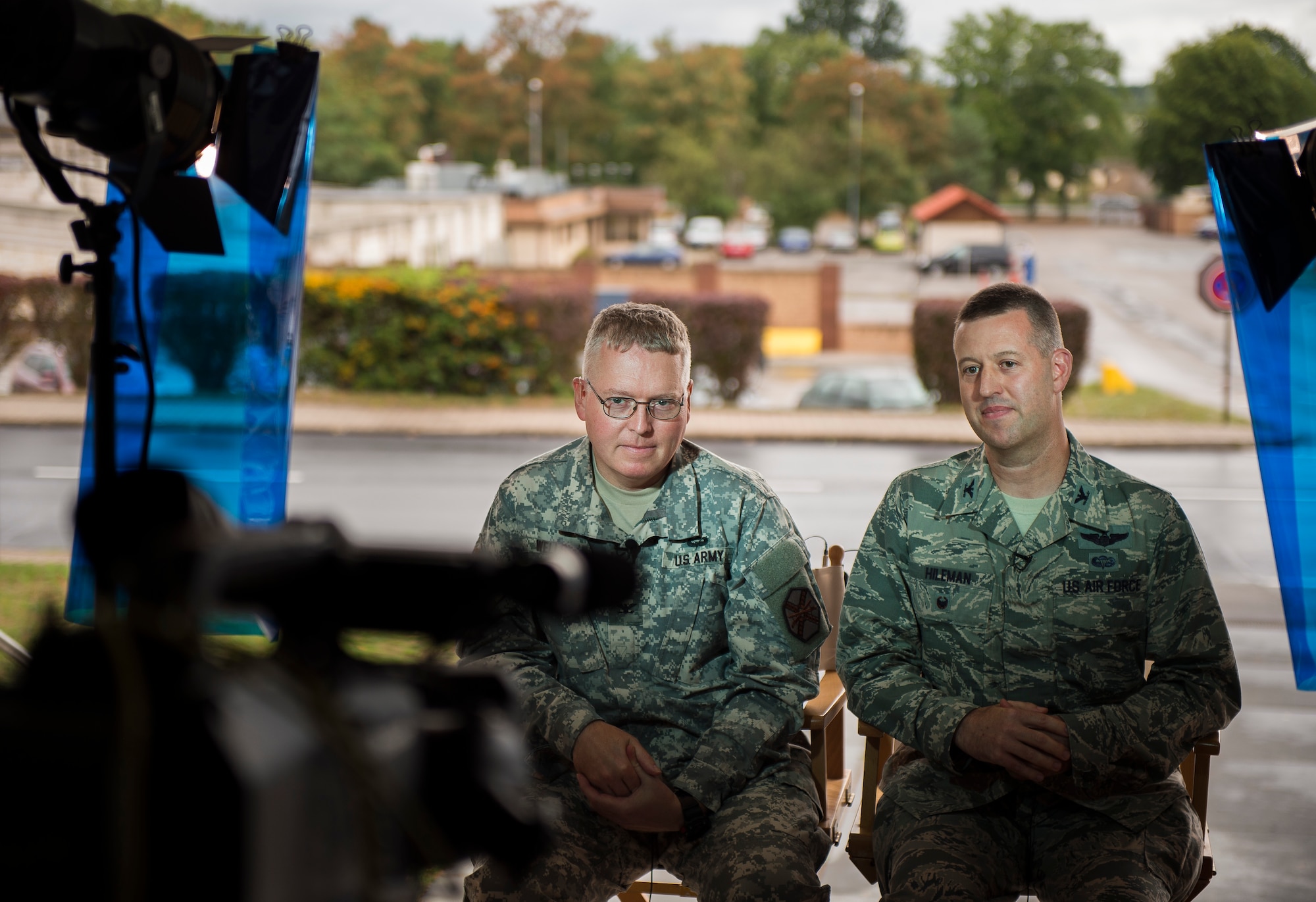 U.S. Army Col. G. Shawn Wells Jr., U.S. Army Garrison Rheinland-Pfalz commander, and U.S. Air Force Col. Brandon Hileman, 86th Airlift Wing vice commander, take part in a live interview Sep. 1, 2015, at Vogelweh Military Complex, Germany. The interview was part of a pre-show for to the U.S. Secretary of Defense’s World Wide Troop Talk. Wells and Hileman were able to speak about their installations’ missions, joint operations and the community support throughout the Kaiserslautern community. (U.S. Air Force photo/Senior Airman Damon Kasberg)