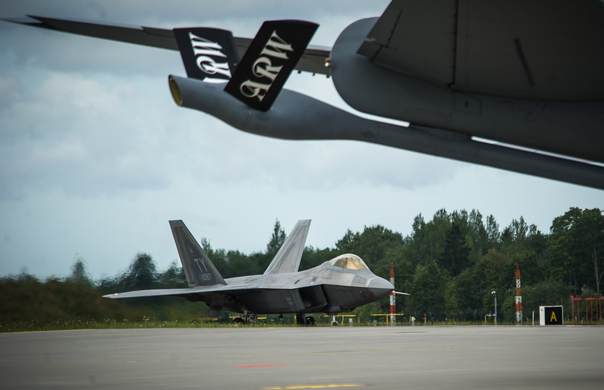 An F-22 Raptor taxis into place after landing at ??mari Air Base, Estonia, Sept. 4, 2015, as part of a brief forward deployment. The F-22s have previously deployed to both the Pacific and Southwest Asia for Airmen to train in a realistic environment while testing partner nations' ability to host advanced aircraft like the F-22. The F-22s are deployed from the 95th Fighter Squadron at Tyndall Air Force Base, Florida. The U.S. Air Force routinely deploys aircraft and Airmen to Europe for training and exercises. (U.S. Air Force photo/ Tech. Sgt. Ryan Crane)