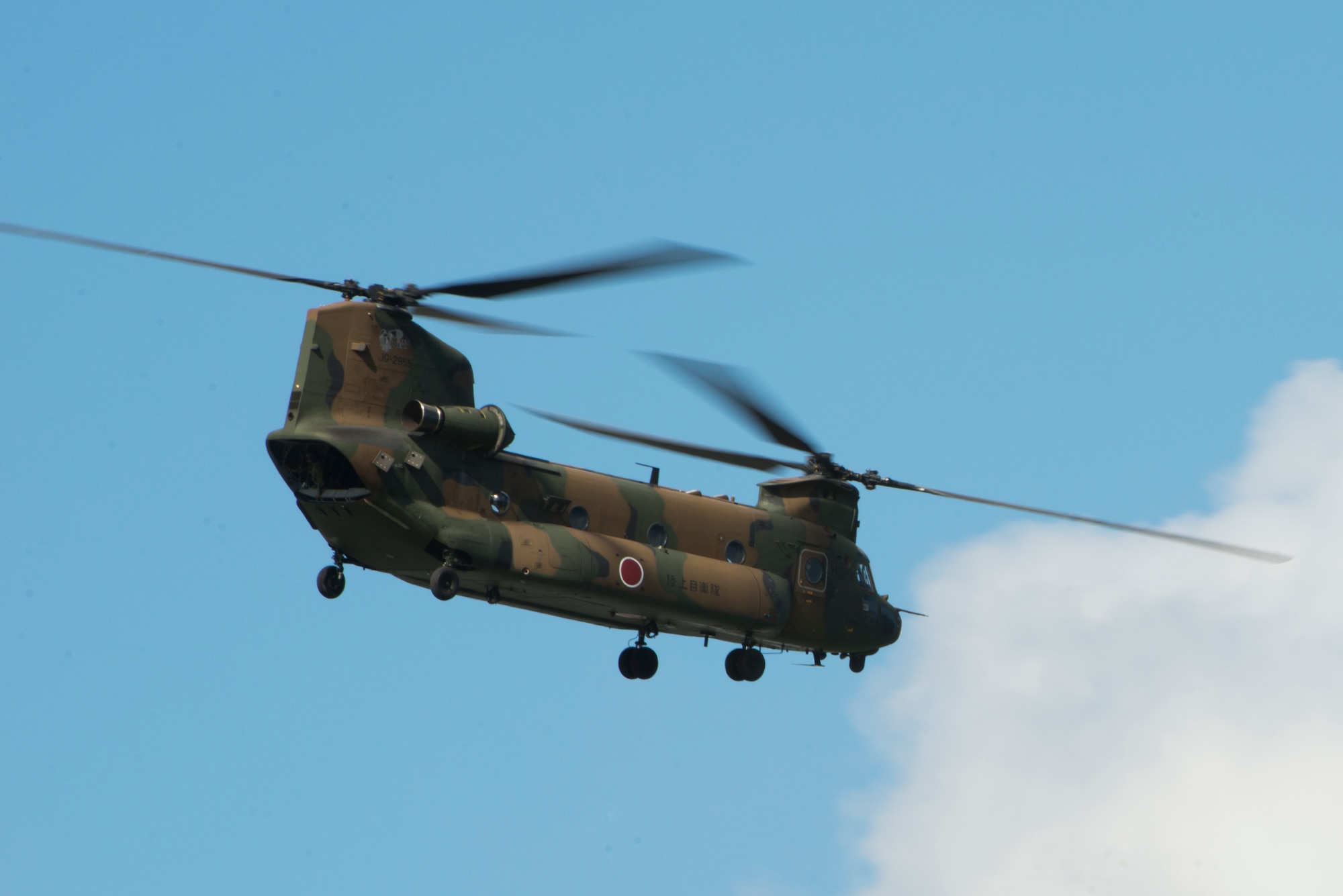 A Japan Self-Defense Force CH-47J Chinook helicopter takes off after delivering simulated victims to a safe zone during an annual Okinawa Prefectural Government bilateral disaster response exercise at Atta Port, Japan, Sept. 5, 2015. This year’s exercise, which marks the first time involving the 18th Wing at Kadena Air Base, Japan, gave participants and spectators an understanding of how the 82 separate entities from U.S. military, JSDF and local emergency responders work together to save lives in the wake of devastation from a natural disaster in the region. (U.S. Air Force photo by Staff Sgt. Maeson L. Elleman)