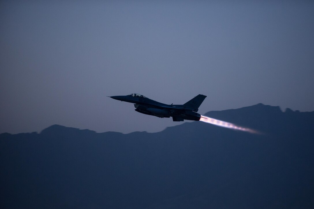 A U.S. Air Force F-16 Fighting Falcon aircraft assigned to the 555th Expeditionary Fighter Squadron takes off on a combat sortie from Bagram Airfield, Afghanistan, Sept. 6, 2015. The F-16 is a multi-role fighter aircraft that is highly maneuverable and has proven itself in air-to-air and air-to-ground combat. (U.S. Air Force photo by Tech. Sgt. Joseph Swafford/Released)