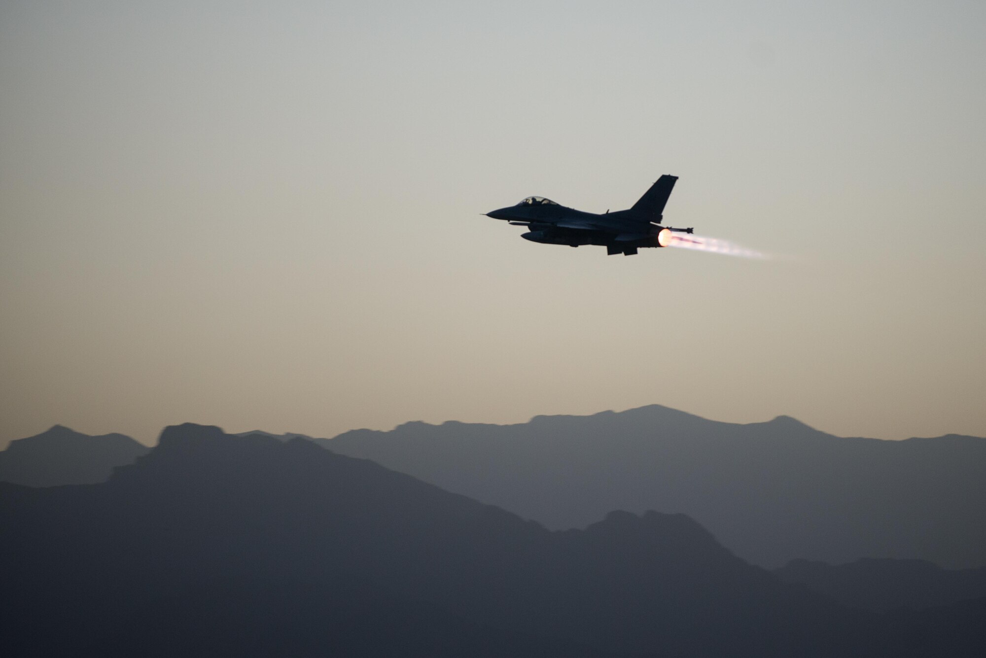 A U.S. Air Force F-16 Fighting Falcon aircraft assigned to the 555th Expeditionary Fighter Squadron takes off on a combat sortie from Bagram Airfield, Afghanistan, Sept. 6, 2015. The F-16 is a multi-role fighter aircraft that is highly maneuverable and has proven itself in air-to-air and air-to-ground combat. (U.S. Air Force photo by Tech. Sgt. Joseph Swafford/Released)