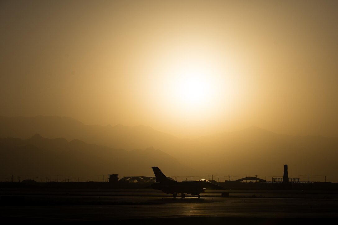 A U.S. Air Force F-16 Fighting Falcon aircraft assigned to the 555th Expeditionary Fighter Squadron takes off on a combat sortie from Bagram Airfield, Afghanistan, Sept. 6, 2015. The F-16 is a multi-role fighter aircraft that is highly maneuverable and has proven itself in air-to-air and air-to-ground combat. (U.S. Air Force photo by Tech. Sgt. Joseph Swafford/Released)