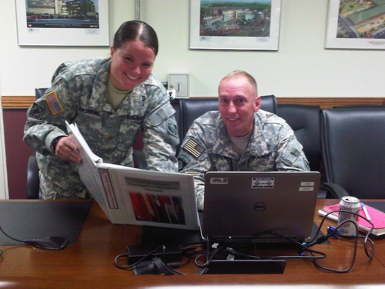 USACE-Far East District’s Chief of Operations, Maj. Leeann Browning, and Plans Officer, Capt. Lex Oren, prepare a battle update during their participation in UFG 15.  Training exercises like UFG are carried out in the spirit of the Oct. 1, 1953, ROK-U.S. Mutual Defense Treaty and in accordance with the Armistice.  These exercises also highlight the longstanding military partnership, commitment and enduring friendship between the two nations, help to ensure peace and security on the peninsula, and reaffirm the U.S. commitment to the alliance.