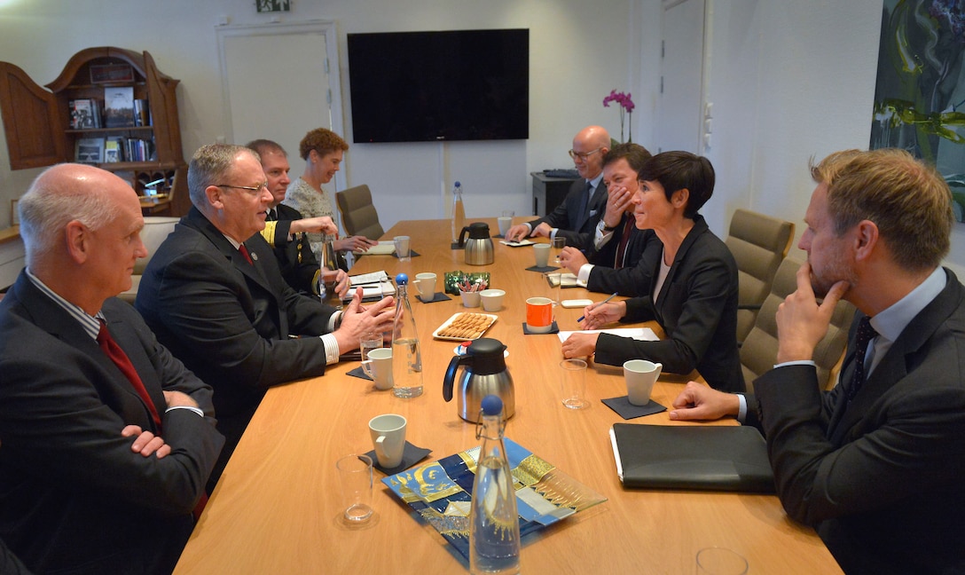 U.S. Deputy Defense Secretary Bob Work, second from left, meets with Norwegian Defense Minister Ine Eriksen Søreide, second from right, in Oslo, Norway, Sept. 8, 2015. Work is on a weeklong trip with stops in in Iceland and the United Kingdom. DoD photo by Glenn Fawcett