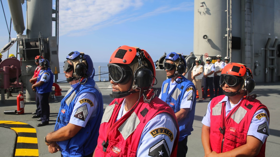 Mexican Navy sailors stand in formation on the deck of Mexican ship ARM Usumacinta during a media visit held in conjunction with Exercise Dawn Blitz 2015, Sept. 6. Mexican Naval Forces are participating as observers in Exercise Dawn Blitz for the first time in 2015, with the hope of developing a stronger and more effective amphibious presence.