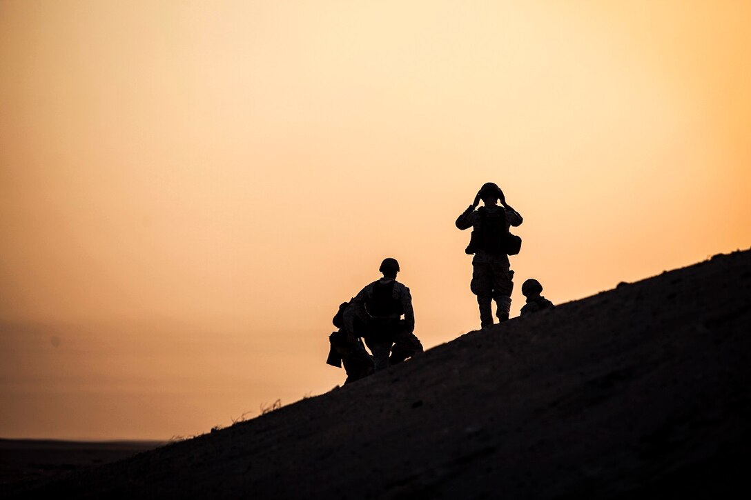 KUWAIT (Aug. 17, 2015) U.S. Marines with Lima Company, Battalion Landing Team, 3rd Battalion, 2nd Marine Regiment, 15th Marine Expeditionary Unit, observe their targets. Elements of the 15th MEU are ashore in Kuwait for sustainment training to maintain and enhance the skills they developed during their pre-deployment training period.  The 15th MEU is embarked with the Essex Amphibious Ready Group and deployed to maintain regional security in the U.S. 5th Fleet area of operations. (U.S. Marine Corps photo by Cpl. Elize McKelvey/Released)