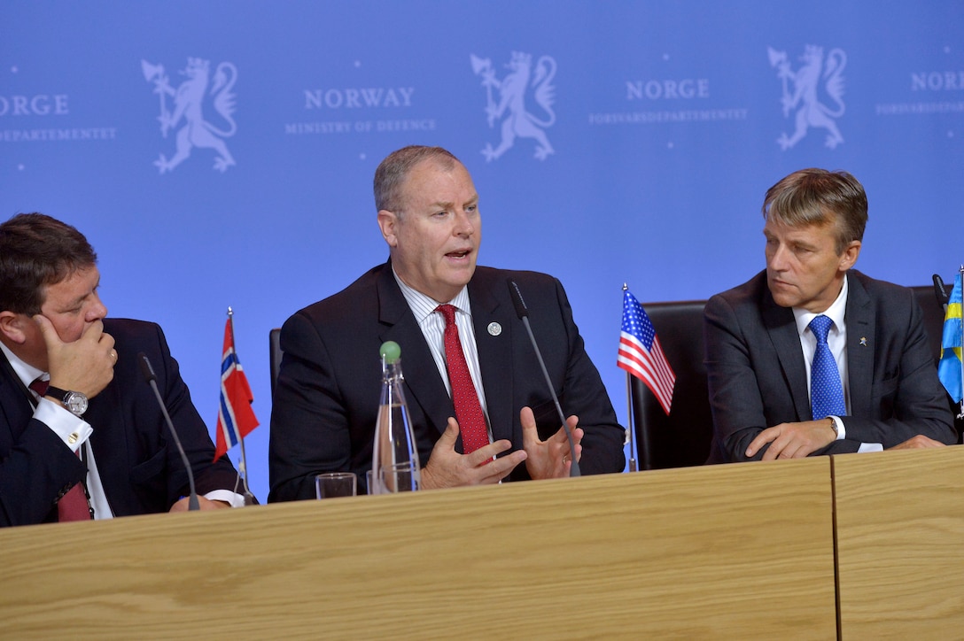 U.S. Deputy Defense Secretary Bob Work meets with Norwegian defense leaders in Oslo, Norway, Sept. 8, 2015. Work is on a weeklong trip that includes stops in Iceland and the United Kingdom. DoD photo by Glenn Fawcett