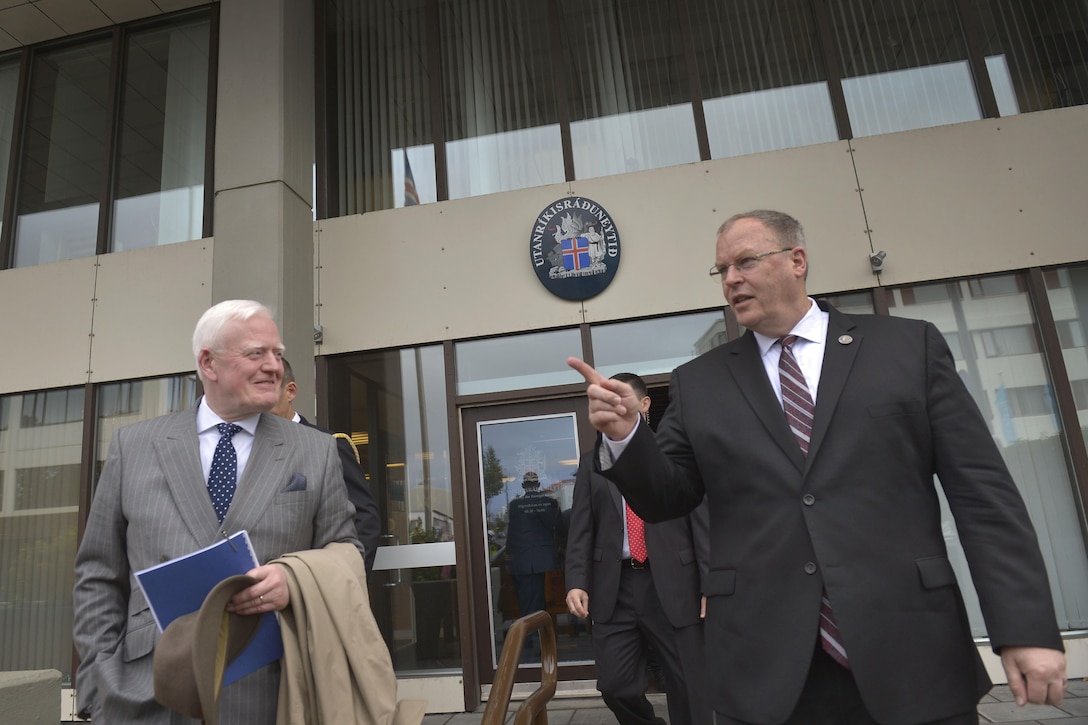 As he departs from meetings at the Ministry of Foreign Affairs, U.S. Deputy Defense Secretary Bob Work, right, talks with Icelandic Chief of Defense Arnór Sigurjónsson in Reykjavik, Iceland, Sept. 7, 2015. DoD photo by Glenn Fawcett