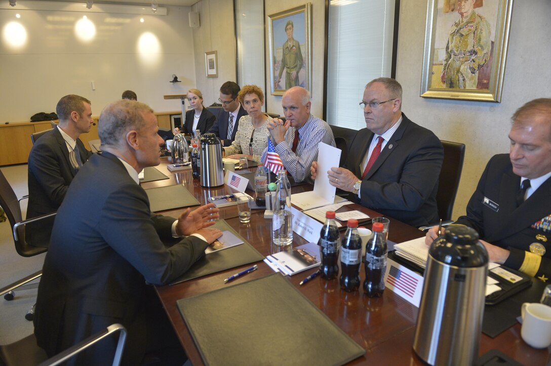 U.S. Deputy Defense Secretary Bob Work, second from right, meets with Danish Permanent Secretary Lars Findsen, left, in Oslo, Norway, Sept. 8, 2015. DoD photo by Glenn Fawcett