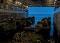 CAMP PENDLETON, Calif. (Sept. 5, 2015) - U.S. Marines assigned to 3rd Assault Amphibian Battalion prepare to launch an amphibious assault vehicle (AAV) off the well deck of the amphibious transport dock ship USS Somerset (LPD 25) during Exercise Dawn Blitz 2015 (DB-15). Dawn Blitz 2015 is a scenario-driven exercise designed to train the U.S. Navy and Marine Corps in operations expected of an amphibious task force while also building U.S. and coalition operational interoperability. The exercise will test staffs in the planning and execution of amphibious operations in a series of live training events at sea and ashore. (U.S. Navy photo by Mass Communication Specialist 1st Class Vladimir Ramos/Released)