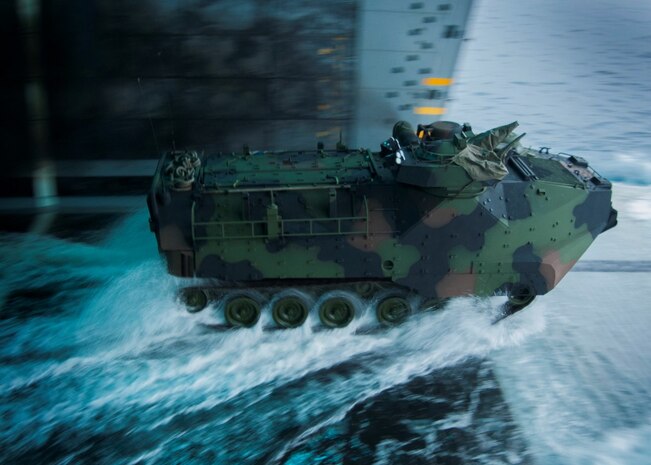 CAMP PENDLETON, Calif. (Sept. 3, 2015) An amphibious assault vehicle (AAV) with 3rd Assault Amphibian Battalion prepares to exit the well deck during a ship to shore exercise movement aboard amphibious transport dock ship USS Somerset (LPD 25). Somerset is currently participating in Exercise Dawn Blitz 2015 (DB-15). Exercise DB-15 is a multinational training conducted by Expeditionary Strike Group 3 (ESG-3) and 1st Marine Expeditionary Brigade (1 MEB) to build U.S., Japan, Mexico, and New Zealand’s amphibious and command and control capabilities through live, simulated, and constructive military training activities off the coast and ashore at Marine Corps Base Camp Pendleton and at Marine Corps Air Ground Combat Training Center 29 Palms, California. Somerset is the ninth San Antonio-class amphibious transport dock ship. (U.S. Navy photo by Mass Communication Specialist 1st Class Vladimir Ramos/Released)