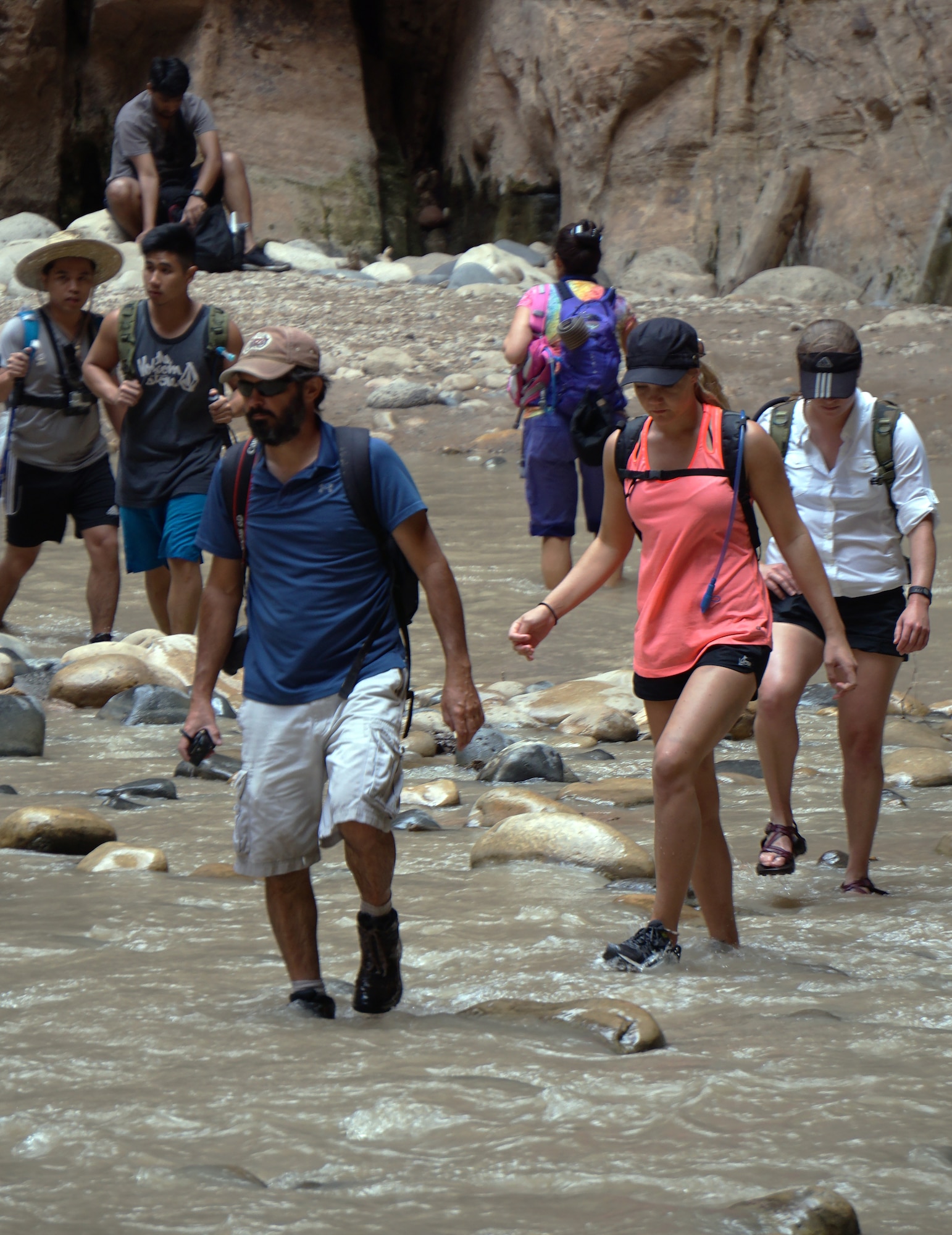 Augustus Schliffke, 90th Force Support Squadron Outdoor Recreation programmer; Rachel Bower, F.E. Warren Aquatics Center lifeguard; and Senior Airman Rachel Silverberg, 90th Force Support Squadron – all assigned to F.E. Warren Air Force Base, Wyo. – walk through the Virgin River in Zion National Park, Utah, Sept. 5, 2015. A group of 11 Airmen hiked Zion’s Narrows trail, which features extensive walking through the river. (U.S. Air Force photo by Airman 1st Class Brandon Valle)
