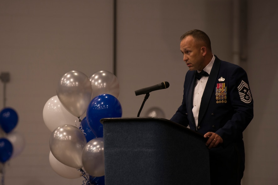 U.S. Air Force Chief Master Sgt. David Kelch, 23d Wing command chief, speaks to inductees during a senior NCO induction ceremony Aug. 28, 2015, at Moody Air Force Base, Ga. Kelch congratulated the inductees on their selection for promotion and reminded them of the responsibilities of a SNCO. (U.S. Air Force photo by Airman 1st Class Dillian Bamman/Released)