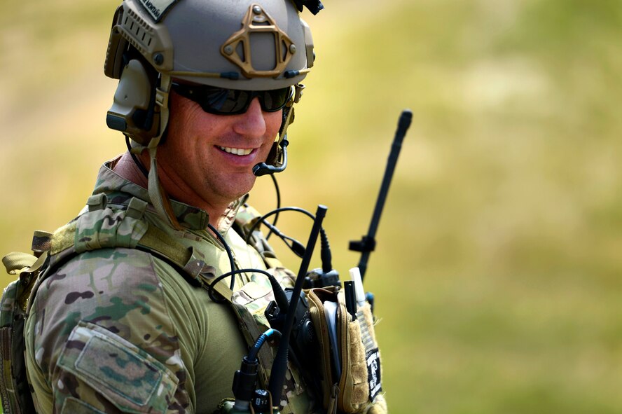 U.S. Army Master Sgt. Marc Fitzwater, U.S. Army Special Operations Command, 7th Special Forces Group joint terminal attack controller, participates in JTAC training at Poinsett Electronic Combat Range in Wedgefield, S.C., Sept. 1, 2015. The training was held to give controllers a safe and controlled environment to practice calling in air strikes. (U.S. Air Force photo by Senior Airman Jensen Stidham/Released)