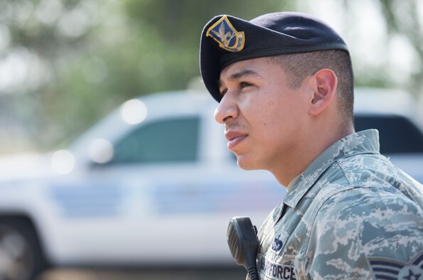 Staff Sgt. Lucas Medelez, 366th Security Forces Squadron military working dog handler, talks about the different aspects of his job after a sound scout exercise, Aug. 21, 2015, at Mountain Home Air Force Base, Idaho. (U.S. Air Force photo by Airman 1st Class Jessica H. Evans/RELEASED)