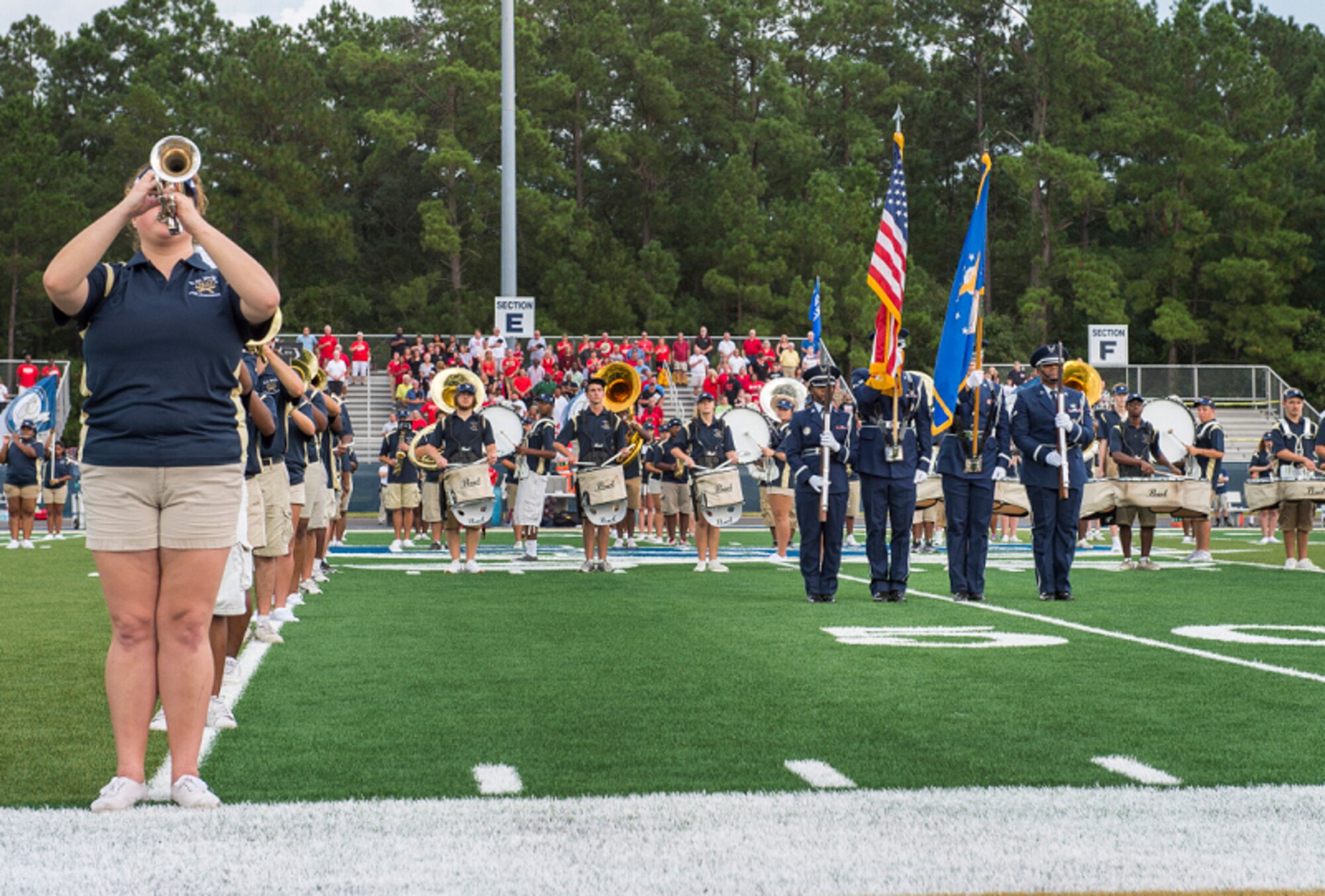 The Joint Base Charleston Honor Guard performs on the Charleston Southern University football field Sept. 3, 2015, in Charleston, S.C. CSU hosted a military appreciation night during its season opener. CSU beat the North Greenville University Crusaders 41-14. (U.S. Air Force photo/Senior Airman George Goslin) 