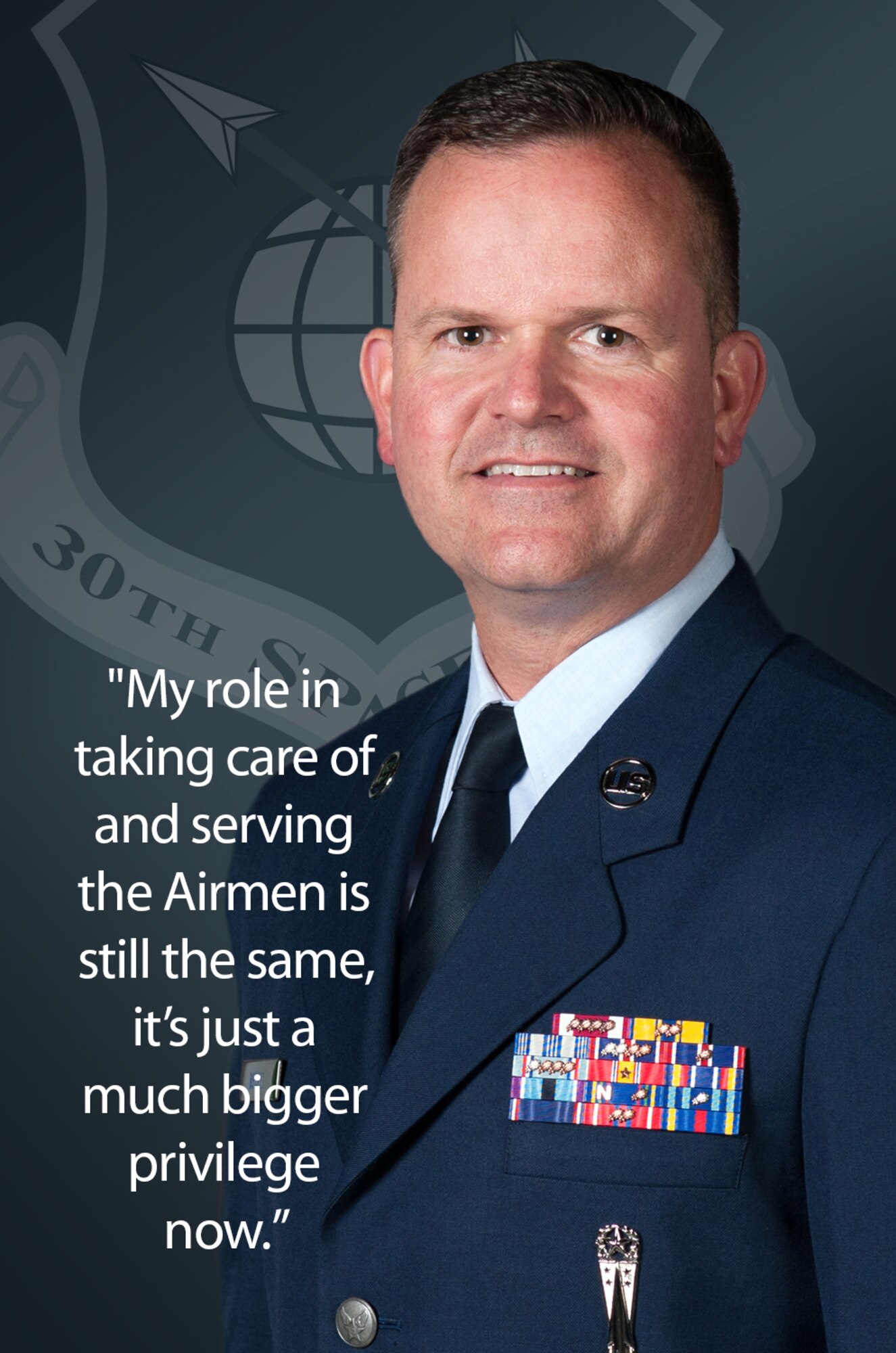 Chief Master Sgt. Robert Bedell, 30th Space Wing command chief, is responsible for assisting enlisted Team V members and providing them guidance. Formerly the 381st Training Group superintendent, Bedell has made connecting with Airmen a priority. (U.S. Air Force graphic by Jan Kays/Released)