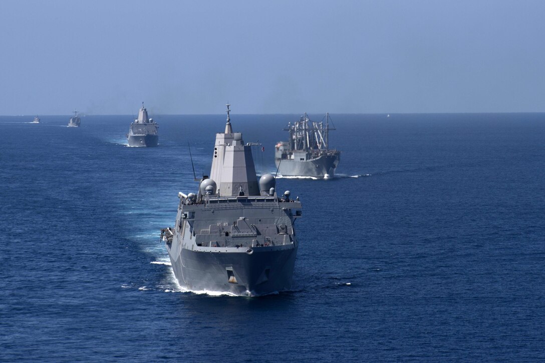 The USS New Orleans, the aviation logistics support ship SS Curtiss, the amphibious transport dock Somerset, the Mexican navy patrol vessel ARM Usumacinta and the Mexican navy patrol vessel ARM Revolucion participate in a simulated strait transit during Dawn Blitz 2015 in the Pacific Ocean, Sept. 2, 2015. U.S. Navy photo by Petty Officer 3rd Class Veronica Mammina