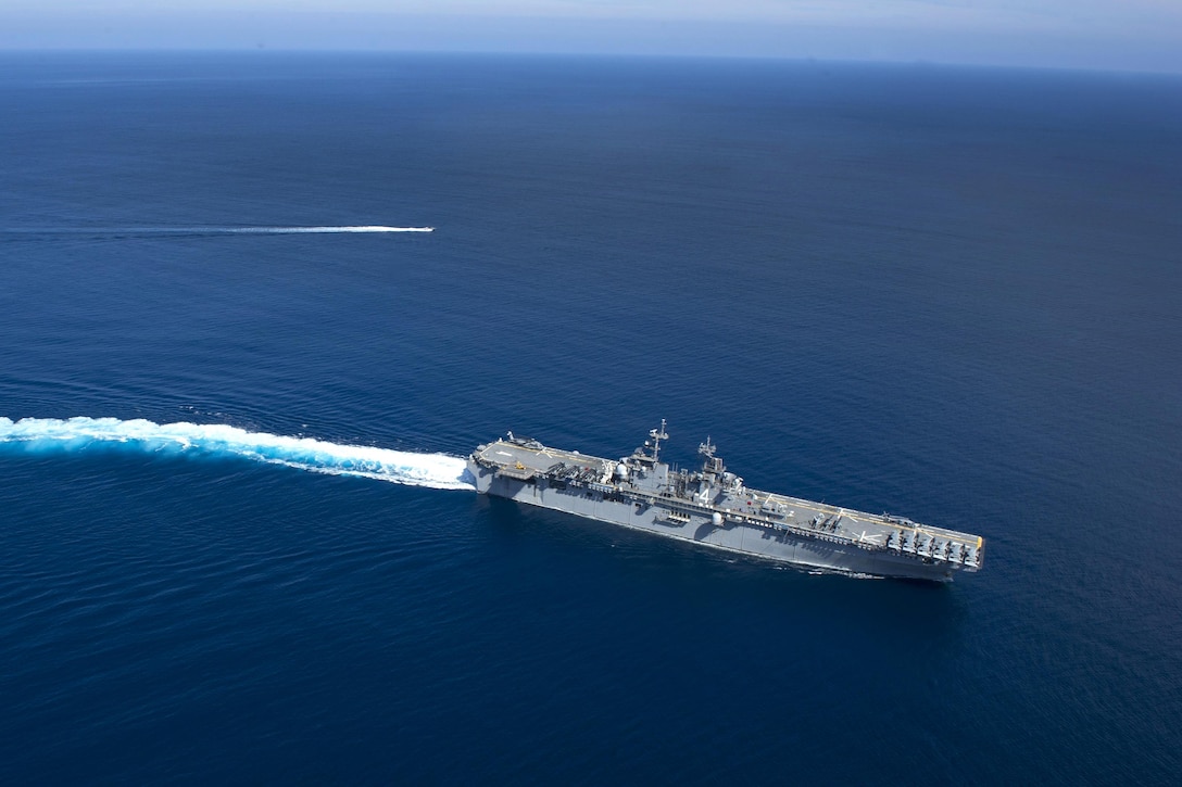 The amphibious assault ship USS Boxer participates in a simulated strait transit during Dawn Blitz 2015 in the Pacific Ocean, Sept. 2, 2015. U.S. Navy photo by Petty Officer 3rd Class Veronica Mammina