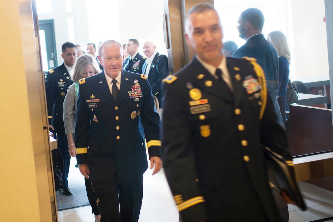 U.S. Army Gen. Martin E. Dempsey, chairman of the Joint Chiefs of Staff, arrives at the U.S. Embassy in Berlin, Sept. 9, 2015. Dempsey is in Germany to meet with German military leaders and discuss the two nations’ military-to-military relationships. DoD photo by D. Myles Cullen