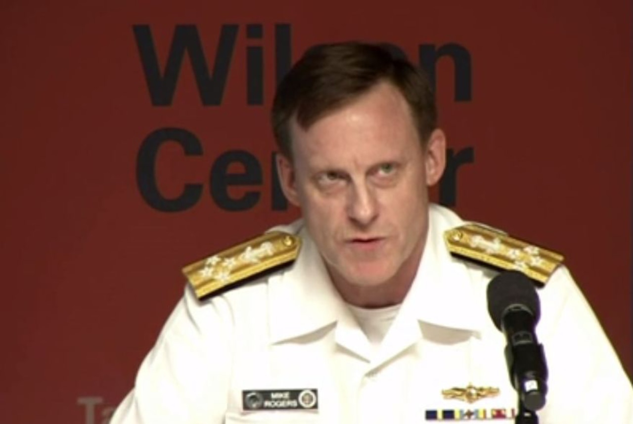 Navy Adm. Michael S. Rogers, commander of U.S. Cyber Command, speaks at the Woodrow Wilson International Center for Scholars in Washington, D.C., Sept. 8, 2015. DoD screen shot