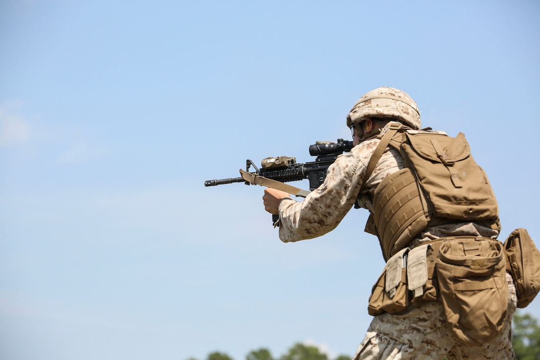 A Marine with Weapons Company, 2nd Battalion, 6th Marine Regiment, fires on a target during a weapons zeroing range at G21, Camp Lejeune, N.C., Sept. 3, 2015. The unit was zeroing their weapons to prepare for an upcoming deployment with the 26th Marine Expeditionary Unit. (U.S. Marine Corps photo by Cpl. Paul S. Martinez)