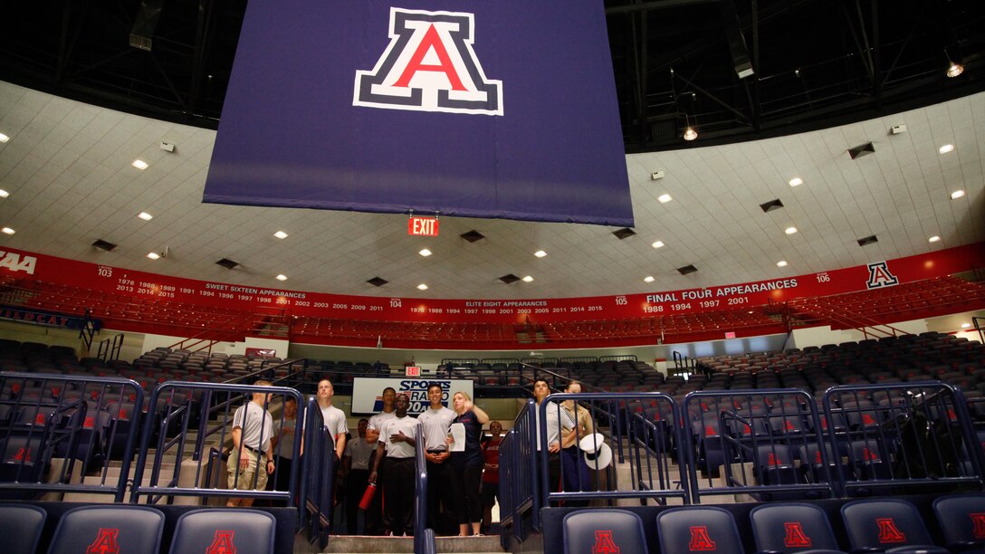 The All-Marine soccer team visits McKale Memorial Center at the University of Arizona during the tour of their sports facilities in Tucson, Arizona, Sept. 9, 2015.  The event was the first the All-Marine soccer team supported as part of Marine Week Phoenix.